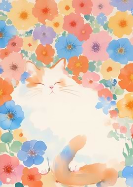 Cat in Floral Watercolor Illustration