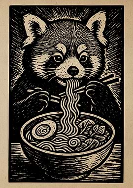 Red Panda Eating Ramen Illustration