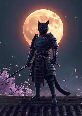 Samurai Cat Under the Moon