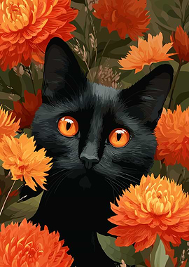 Black Cat Among Orange Flowers