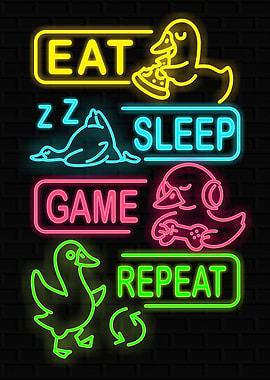 Eat Sleep Game Repeat Neon Ducks