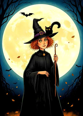 Halloween Witch with Black Cat and Full Moon