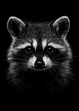Monochrome Raccoon Portrait on Black Background
