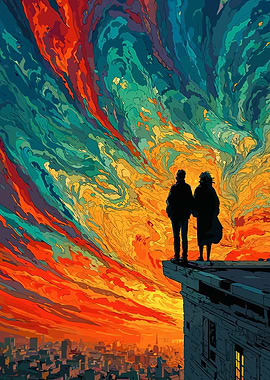 Couple on Building Edge, Colorful Sky