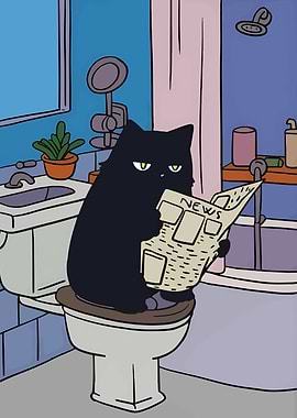 Cat reading newspaper on toilet
