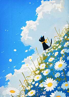 Black cat in a daisy field