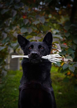 Black Dog with Skeleton Hand