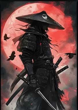 Samurai Warrior with Red Moon