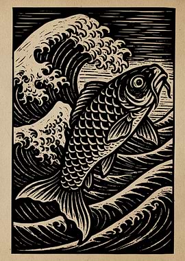 Koi Fish and Waves Woodcut Print