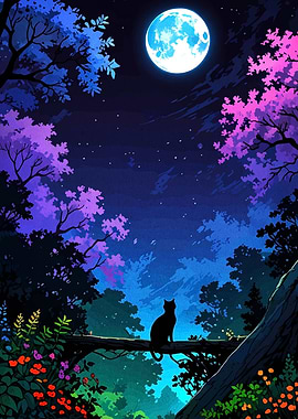 Moonlit Night Cat Silhouette