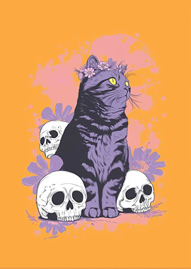 Cat with Skulls and Flowers