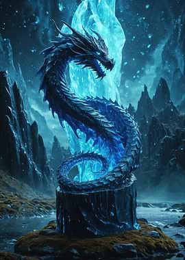 Frostbound Wyrm — Icy Blue Dragon Sculpture in Glacial Nightscape