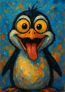 Cartoon Penguin Painting with Tongue Out