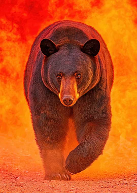 Bear Walking Against Fiery Background