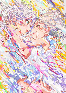 Anime Girls Embrace with Colorful Splatters