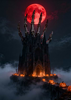 Halloween Castle with Skeleton Hand and Pumpkins