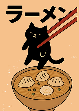 Cat Reaching for Ramen with Chopsticks