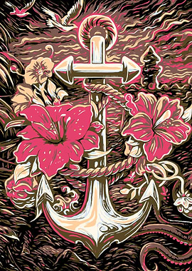 Anchor with Flowers and Birds Illustration