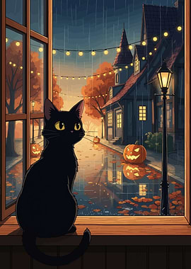 Black Cat Halloween Rainy Day