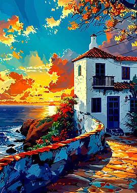 Coastal House at Sunset Painting