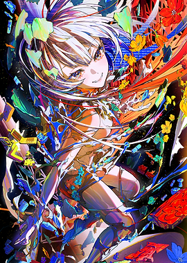 Anime Girl with Floral and Binary Accents