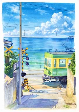 Coastal Train Crossing Watercolor Painting