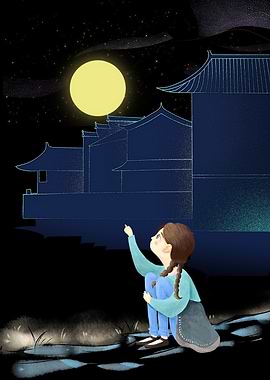 Girl Gazing at Moonlit Asian Architecture