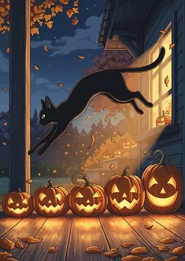 Halloween Night: Black Cat and Pumpkins