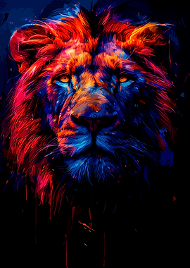 Colorful Lion Portrait on Black Background