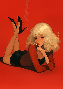 Blonde Woman Smoking on Red Background