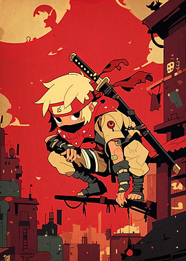 Anime Ninja in Red Cityscape