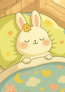 Sleeping Bunny with Flower Cartoon Illustration