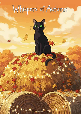 Black Cat on Hay Bale Autumn Scene
