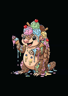 Cartoon Pangolin with Ice Cream