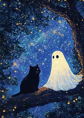 Black Cat and Ghost Under Starry Sky