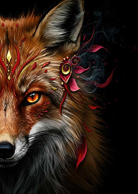 Fox Portrait with Floral Ornamentation