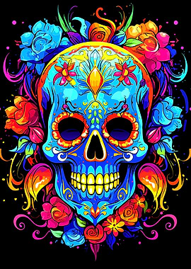 Colorful Sugar Skull with Floral Accents