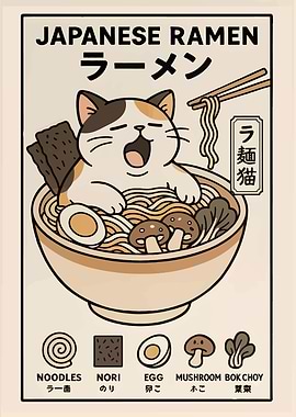 Cat in Ramen Bowl Illustration