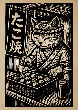 Cat Chef Making Takoyaki Woodcut Print