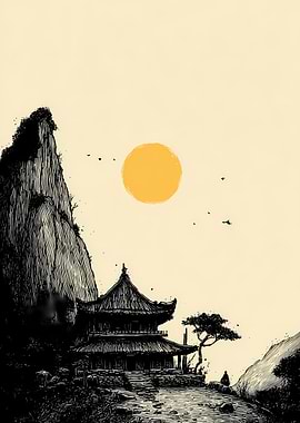 Asian Temple Landscape with Rising Sun