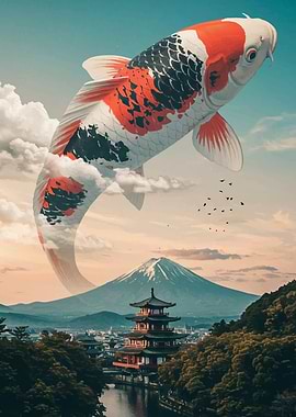 Giant Koi Fish over Japanese Landscape