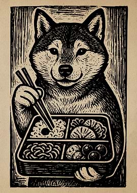 Shiba Inu with Bento Box Linocut