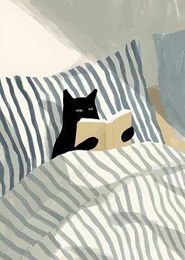 Cat Reading in Bed Illustration