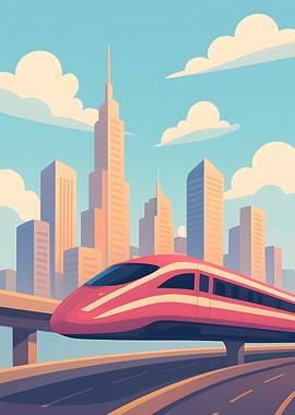 Modern Train with Cityscape Background