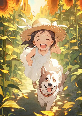 Girl Dog Sunflower Field