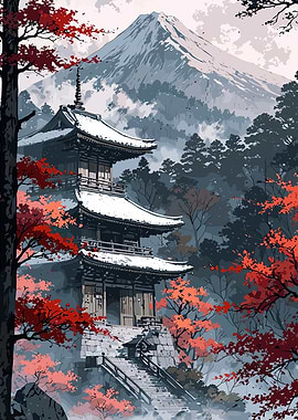 Japanese Pagoda with Autumn Foliage