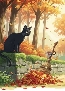 Autumn Cat and Broom Illustration