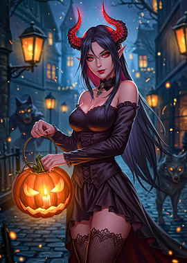 Halloween Devil Girl with Pumpkin