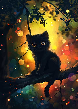 Black Kitten on Branch with Bokeh Lights
