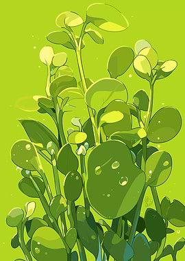 Green Plant Illustration with Water Droplets
